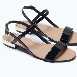 Zara Glossy Flat sandals sz 40 EUC black/ silver